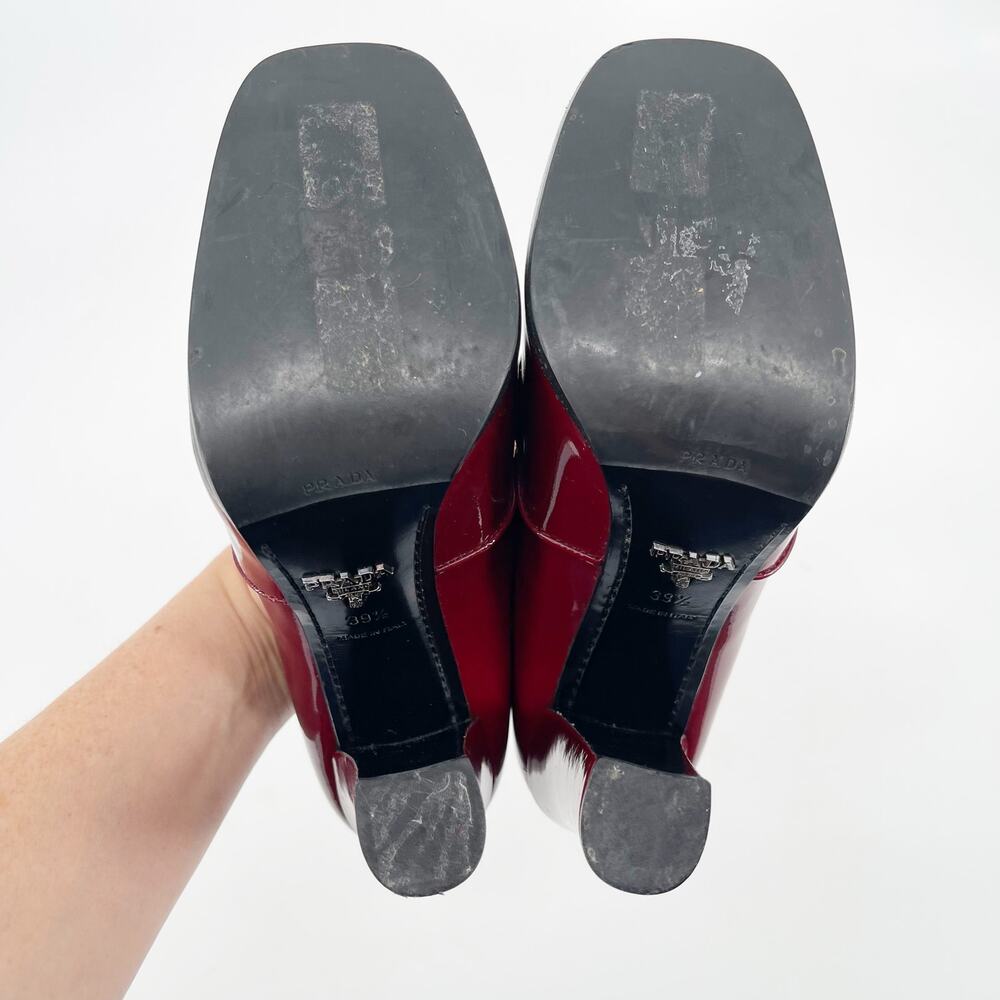Prada Fall 2010 Burgundy Patent Leather Loafer Square Toe Block Heels IT 39.5 - Picture 15 of 16